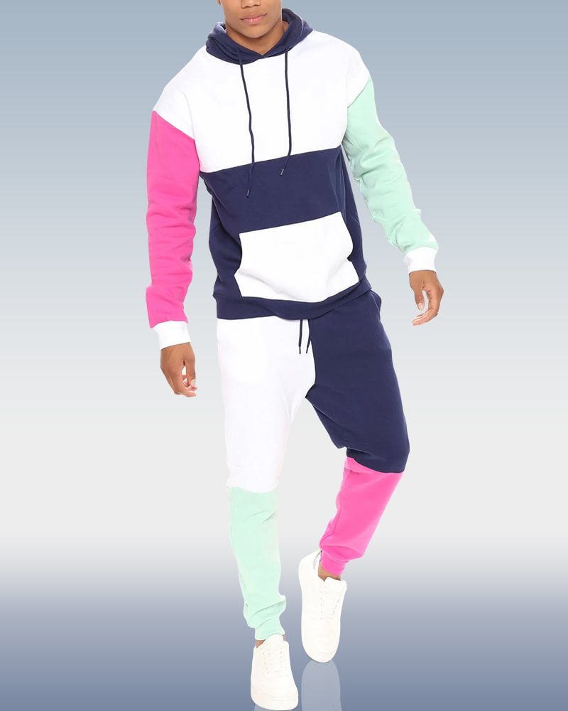 Men's Colorblock Print Hoodie Set 001