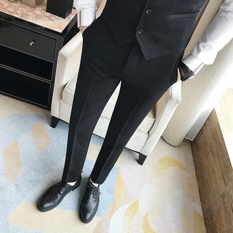 Bonusbuk Fashion Boutique Solid Color Business Mens Formal Suit Pants Groom Wedding Dress Pants Slim Male Trousers