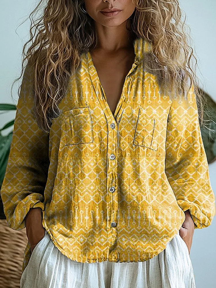 Ethnic Style Geometric Pattern Printed Women's Casual Long Sleeve Comfortable Cotton Shirt