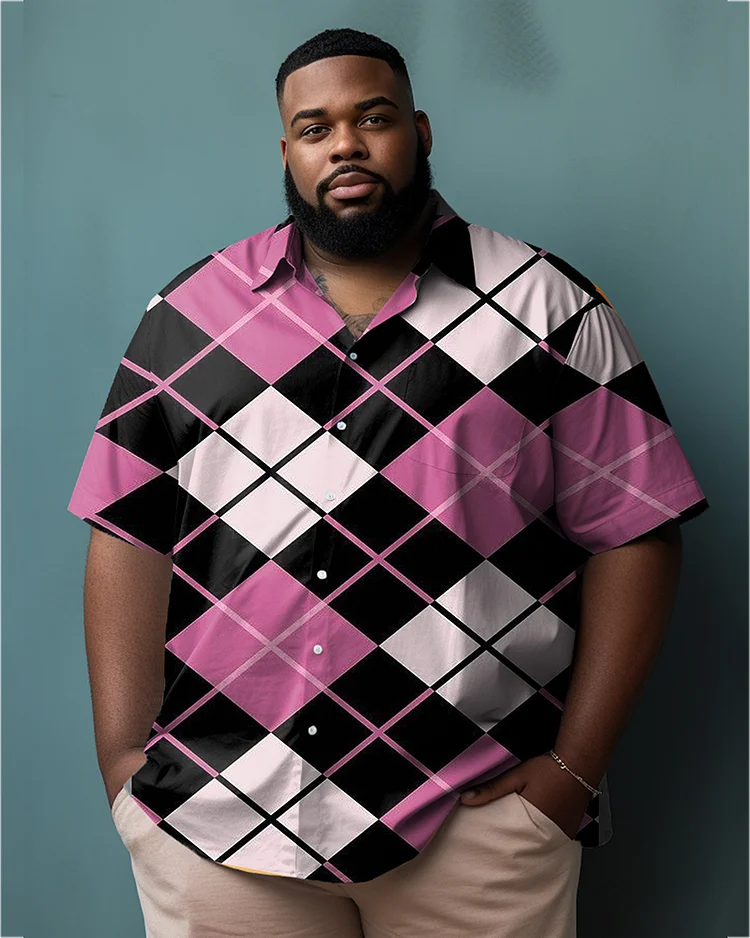 Men's Large Size Casual Pink Diamond Diagonal Stripe Lapel Short Sleeve Shirt