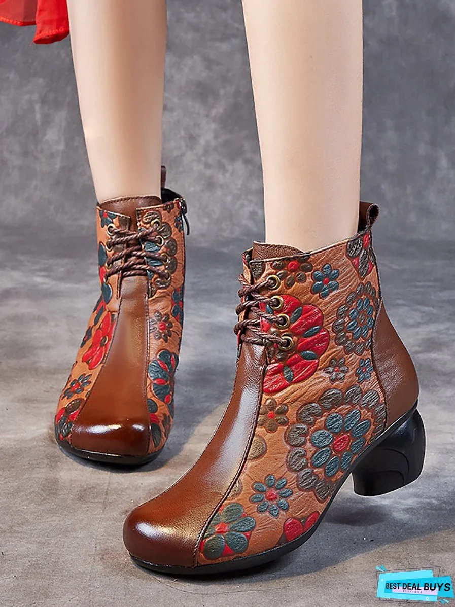 Women Retro Leather Flower Print Chunky Heel Boots