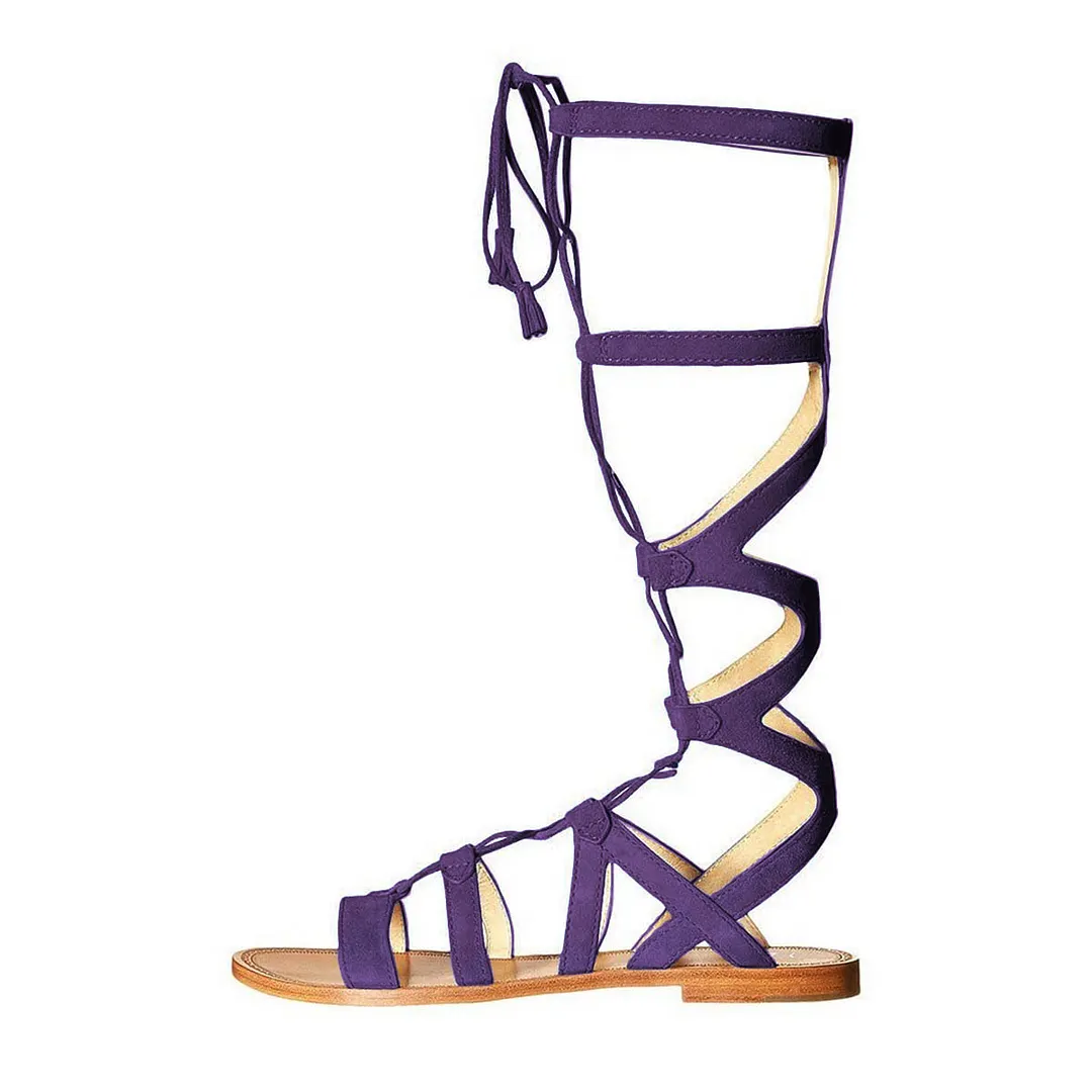 Elegant Purple Knee High Flat Sandals Gladiator Shoes for Ladies