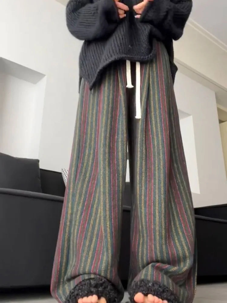 Aiertu 2024 Vertical Stripe Wide Leg Trousers Casual Harajuku Women Drawstring Pants Vintage Y2k Aesthetic Grunge Loose Pocket Pantalon Aiertu