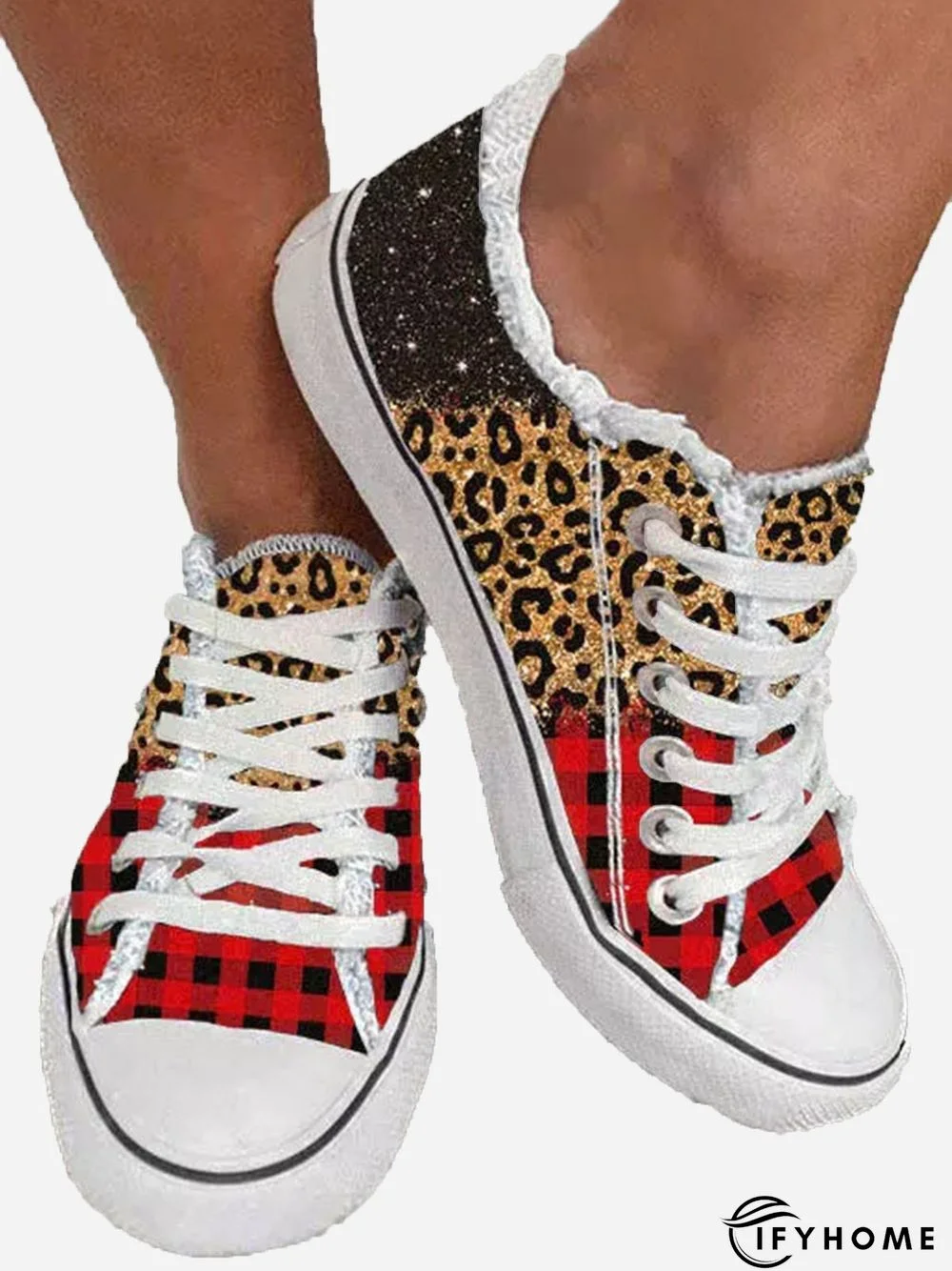 Christmas Leopard Check Panel Canvas Shoes | IFYHOME