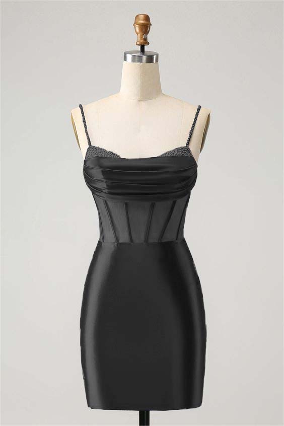 Exquisite Royal Blue Satin Spaghetti Strap Sleeveless Mini Homecoming Dress with Beadings