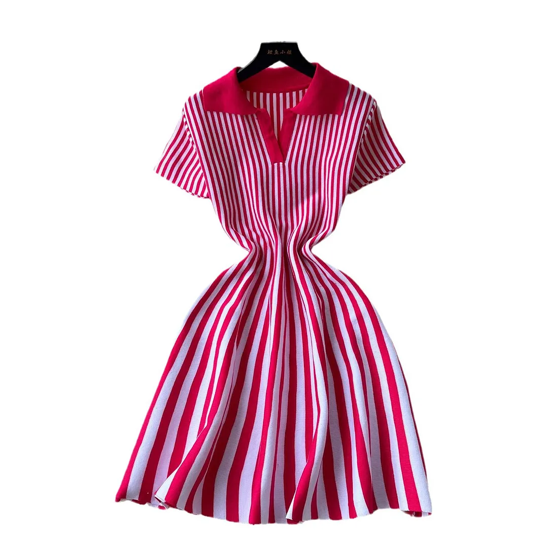 Churchf Churchf Retro-Necked Short-Sleeved Striped Knitted Dress Female Waist Temperament Thin A-Word Dress