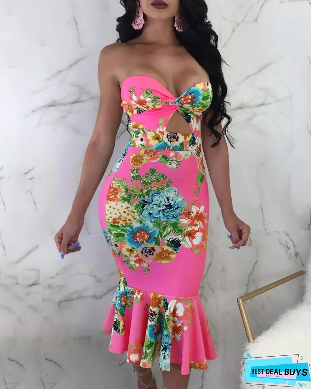 Floral Print Ruffles Hem Tube Dress