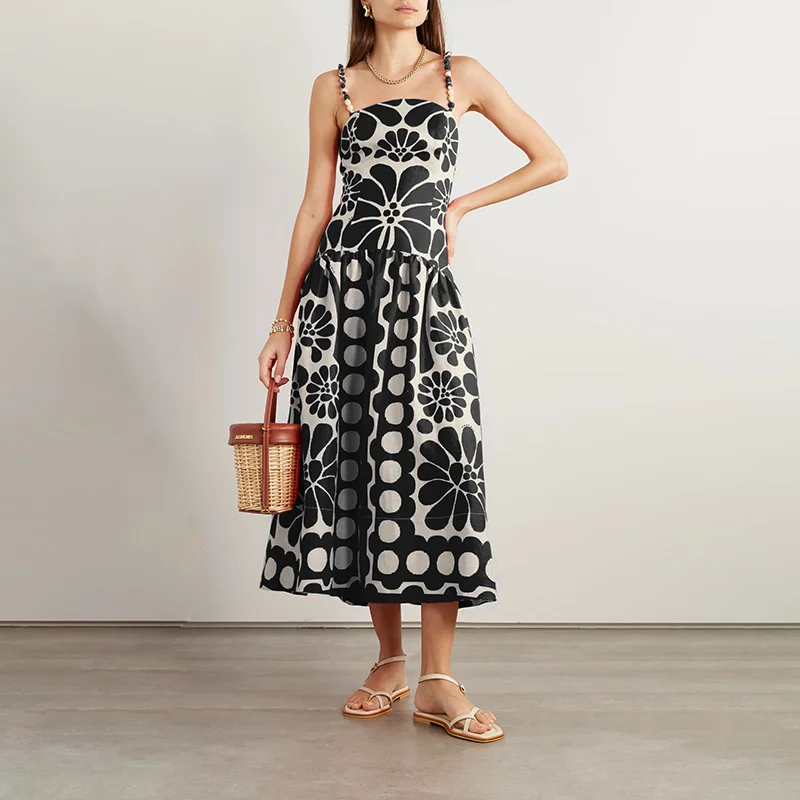 Brownm Spring 2025 New Fashion Sexy Printing Dot Tample Tling Belt Senior Sense Long Sling Dress Woman