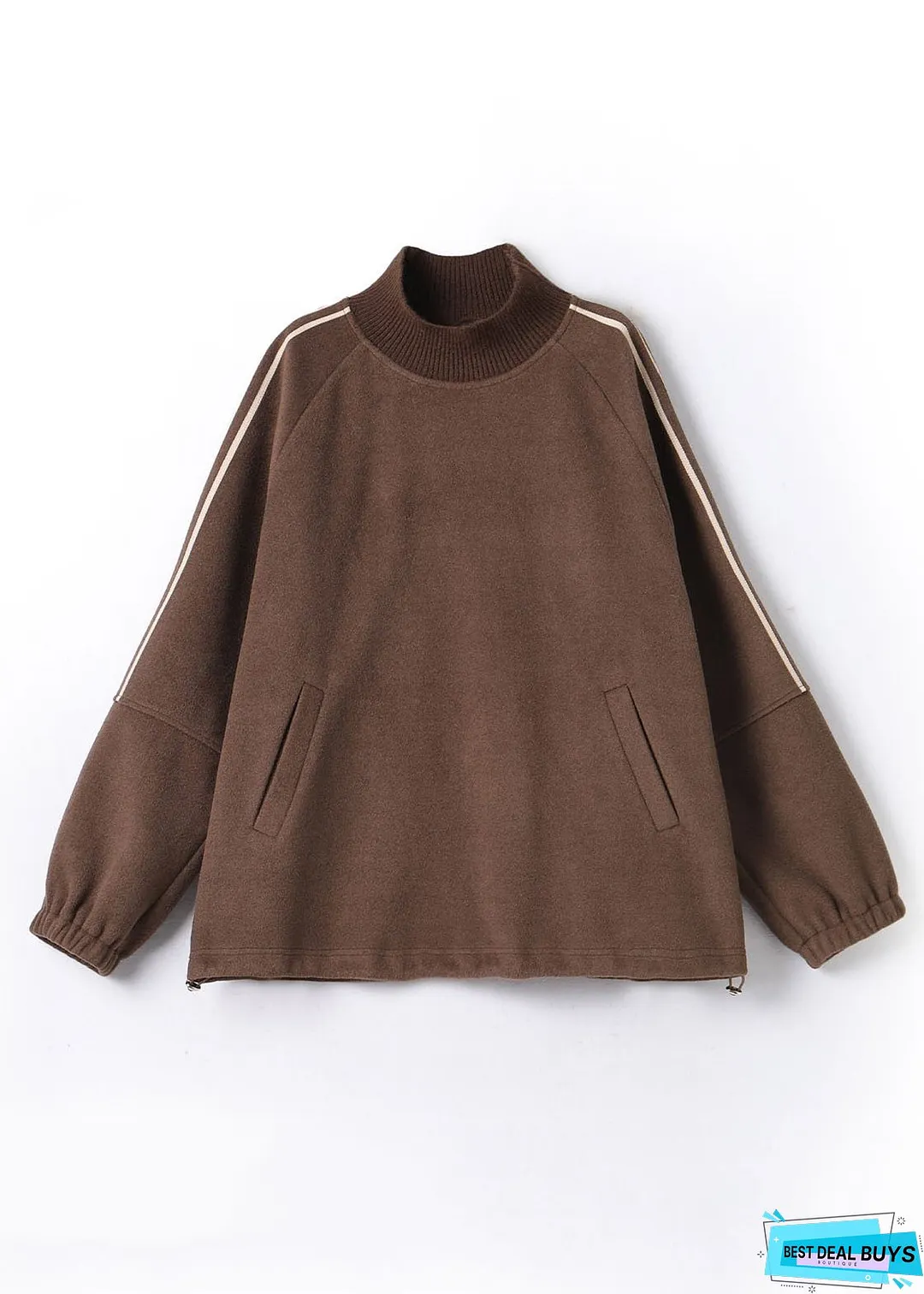 Women Khaki Striped Patchwork Drawstring Thick Pullover Fall