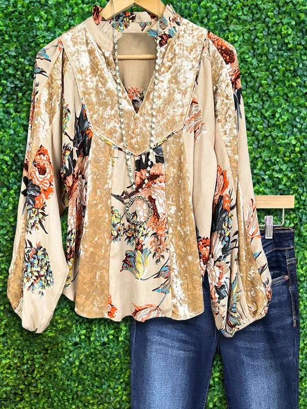 Floral Print Velvet Patchwork Top