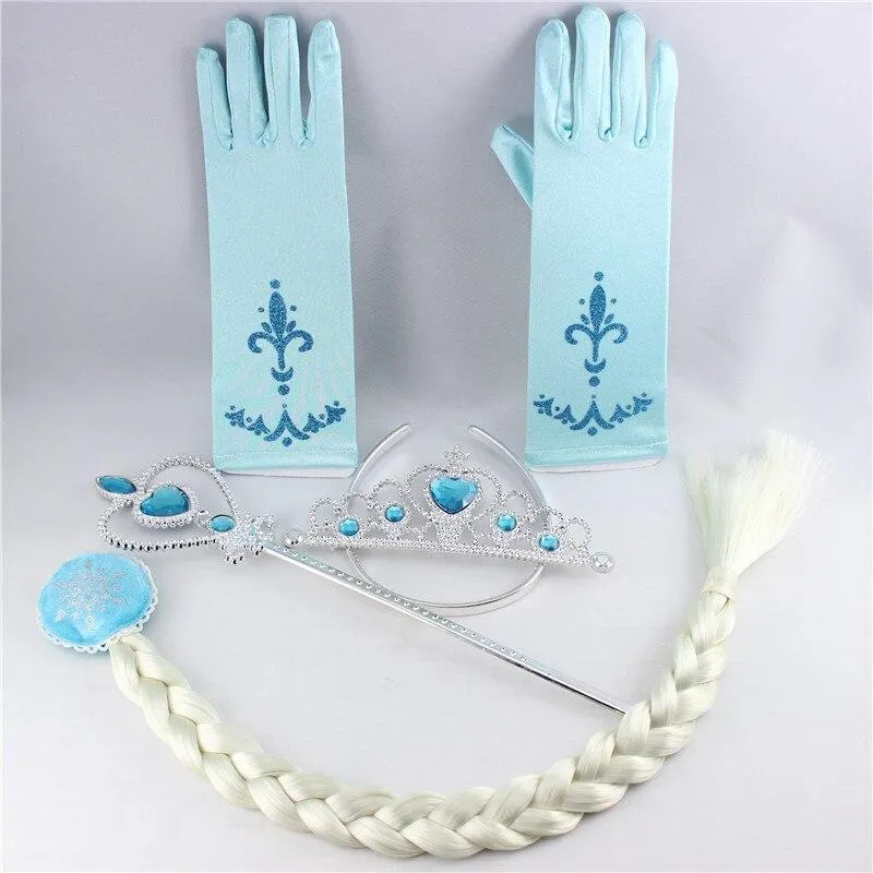 Princess Little Girls Kids Halloween Cosplay Dress Up Accessories Crown Braid Wand Blue Gloves Sets