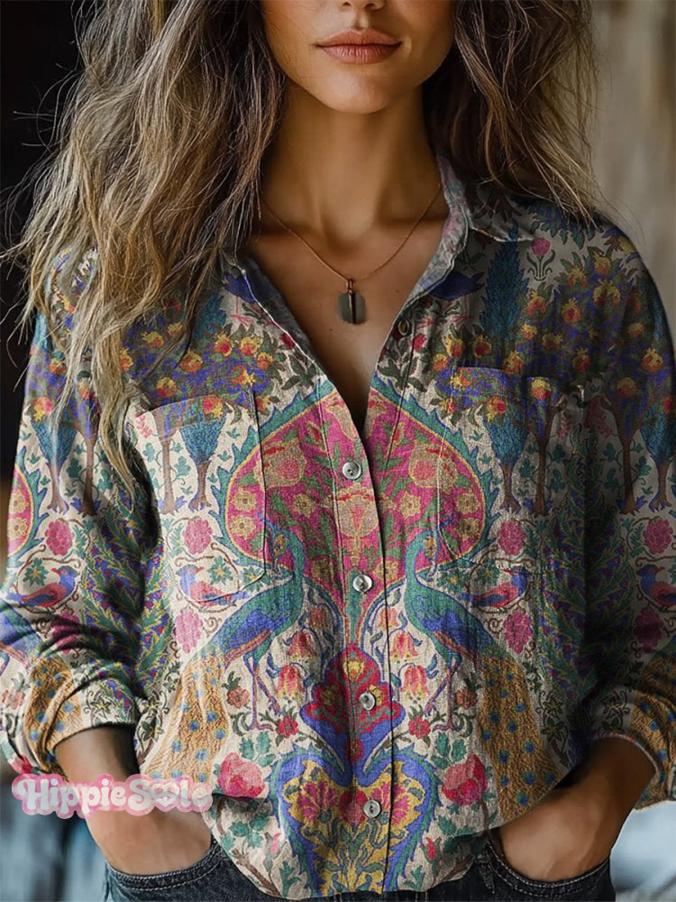 Ethnic Style Peacock Pattern Printed Women’s Casual Long Sleeve Comfortable Cotton Shirt