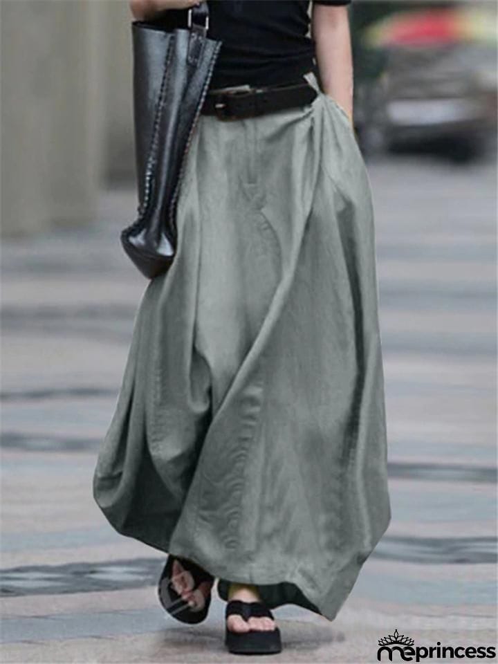 Retro Style Elastic Waist Button Zipper Pocket Flare Maxi Skirt