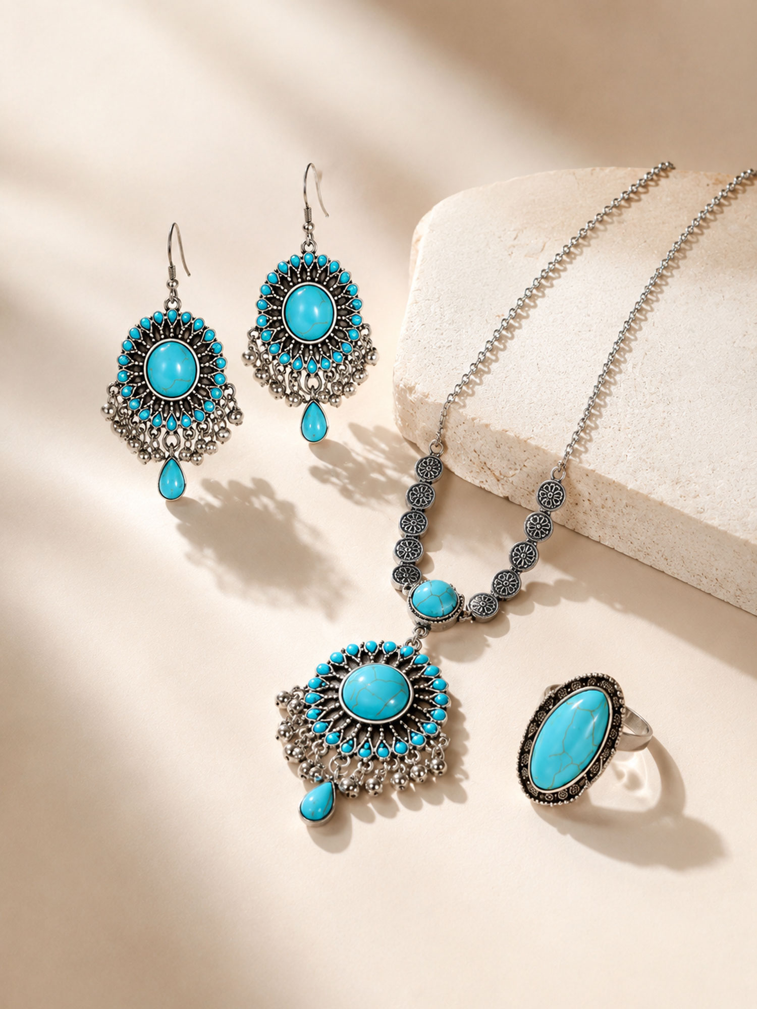 2026 Spring Summer Western Cowgirl Style &mdash; Vintage Silver Turquoise Bohemian Chandelier Earrings Necklace Ring Jewelry Set