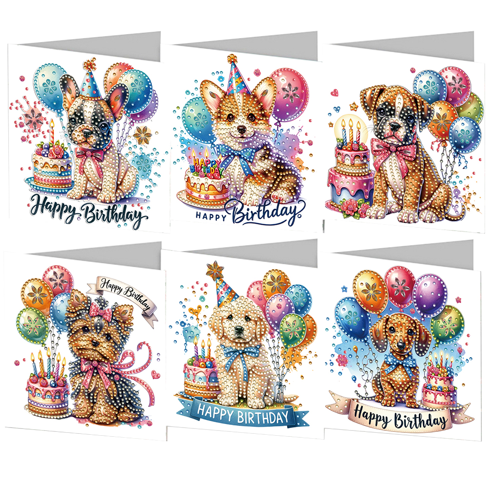 6pcs Birthday Dog Diamond Art Cards DIY Handmade Diamond Painting Gift Card