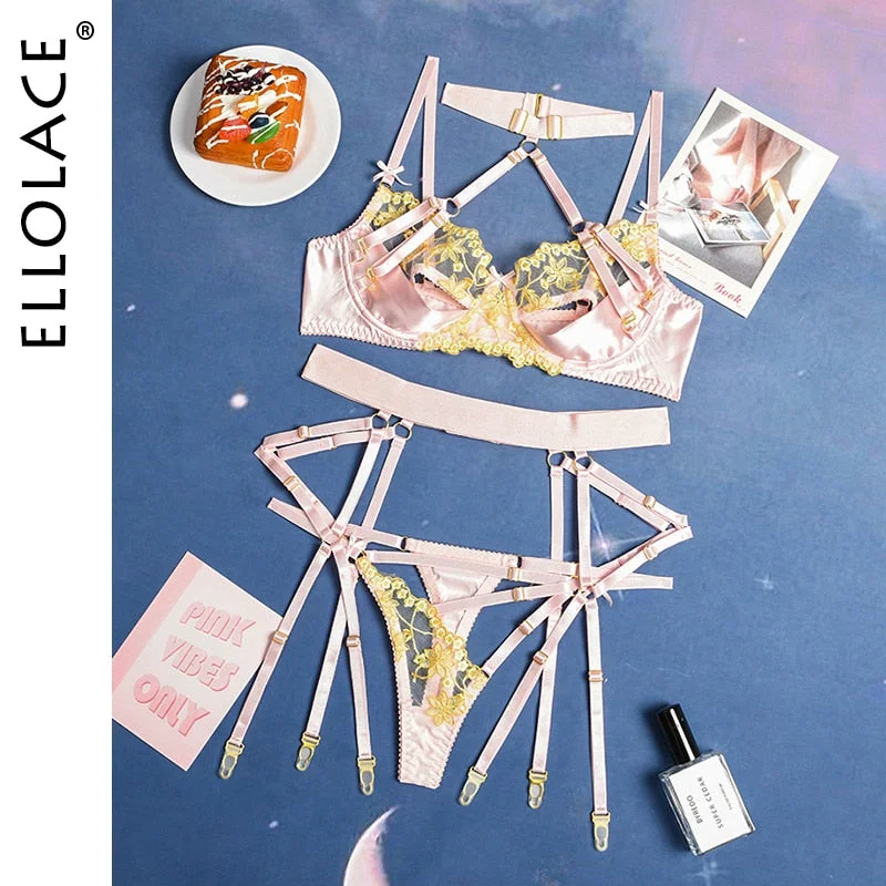 Ellolace Erotic Lingerie 4-Piece Bilizna Set Cut Out Bra Bandage Exotic Briefs Fancy Delicate Underwear Garters Bitch Langerie