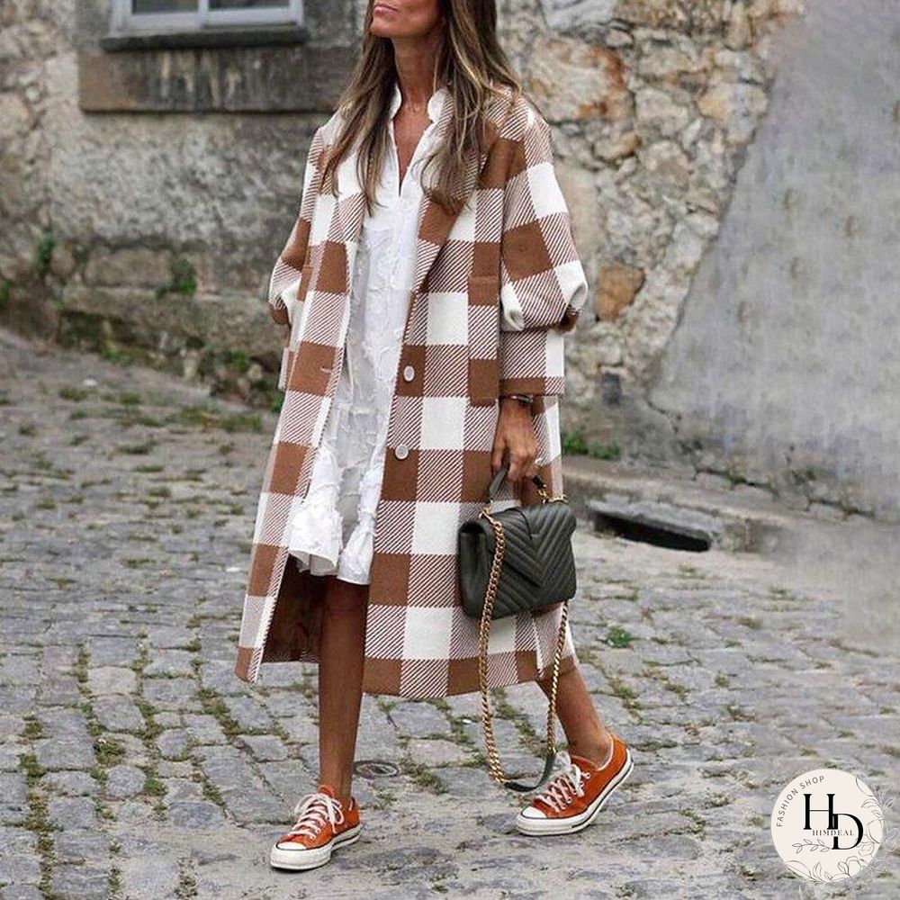 Puff Sleeve Lapel Checked Coat