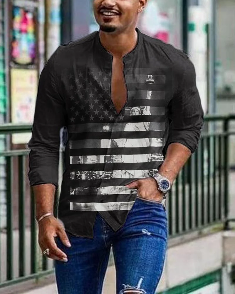 Men's Cotton Black Flag Printed Long Sleeve Cardigan Shirt