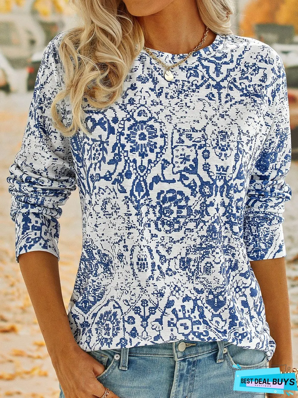 Ethnic Long Sleeve Crew Neck Casual T-Shirt
