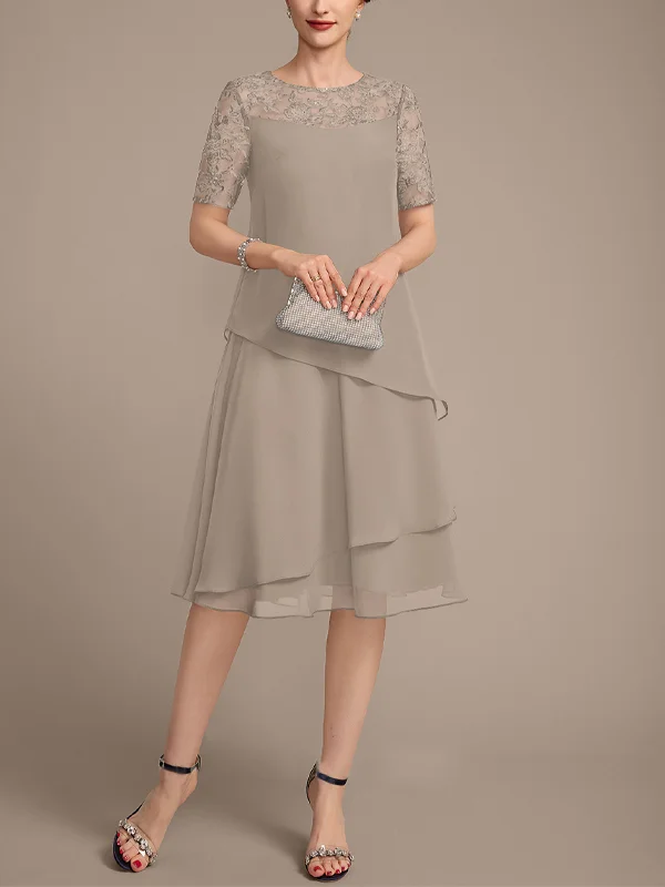Round Neck Short Sleeve Solid Color Lace Chiffon Midi Dress