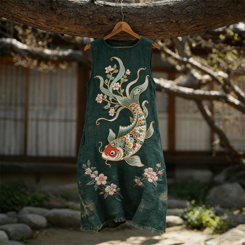 Koi Carp Fish Cherry Blossom Flowy Linen Tank Dress wearshes