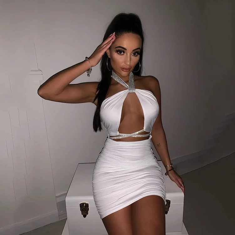 Promsstyle Glittering sequin halter neck sexy hollow slim mini party dress Prom Dress 2023