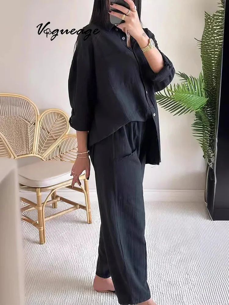 Solid Color Shirt High Waist Loose Nine-Point Pants Cotton And Linen Two-Piece Suit