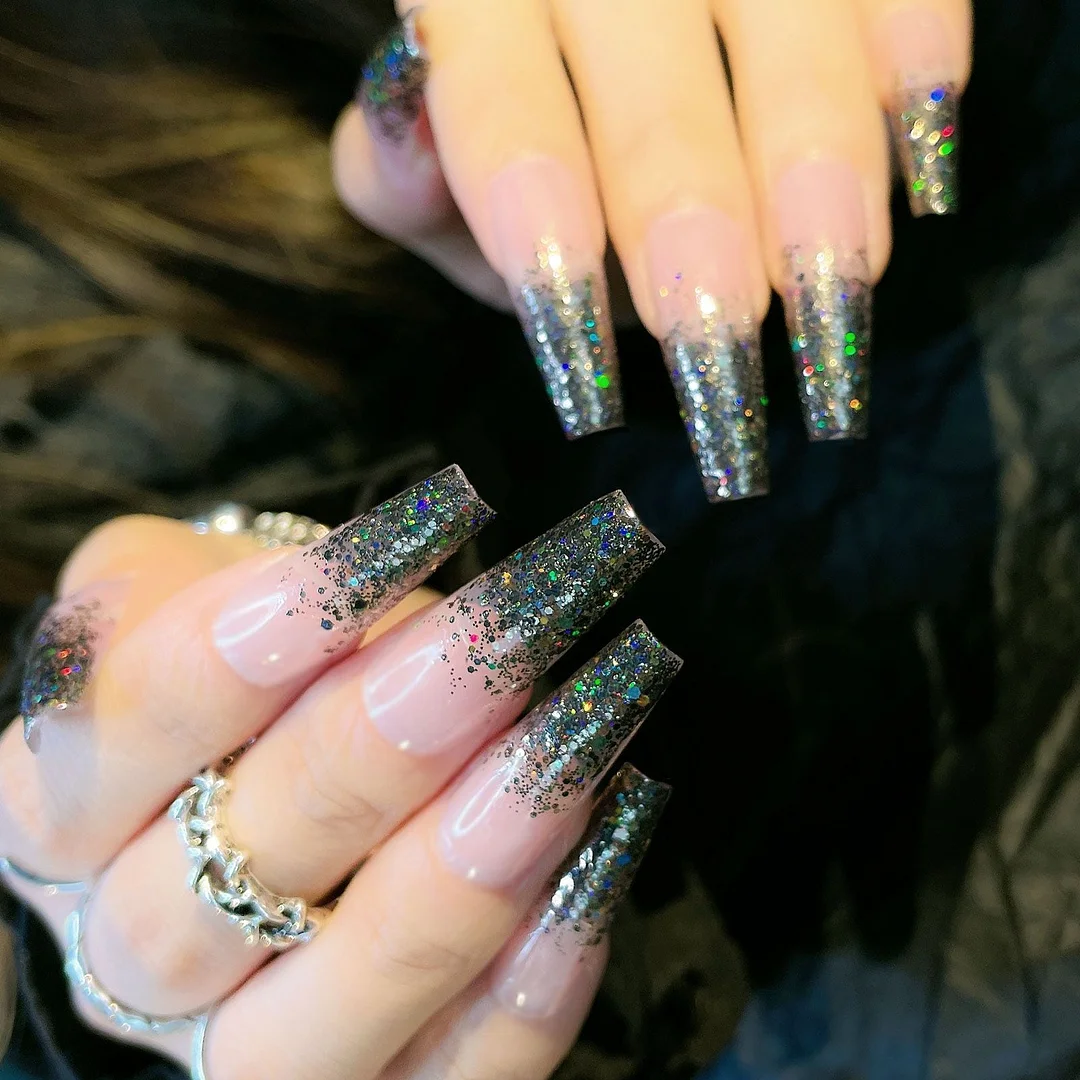Glitter Extra Long False Nails Ballerina Wearable Coffin Fake Nails Full Cover Nail Tips fake nail with design Manicure Tool-Nail Inspo