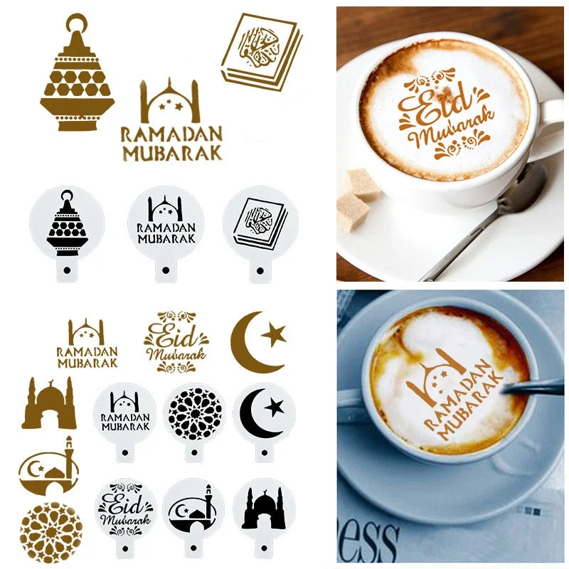 8pcs PET Eid Mubarak Coffee Spray Stencils Cookie Biscuit Cake Mold Ramadan Mubarak Muslim Islamic Festival Party DIY Decoration