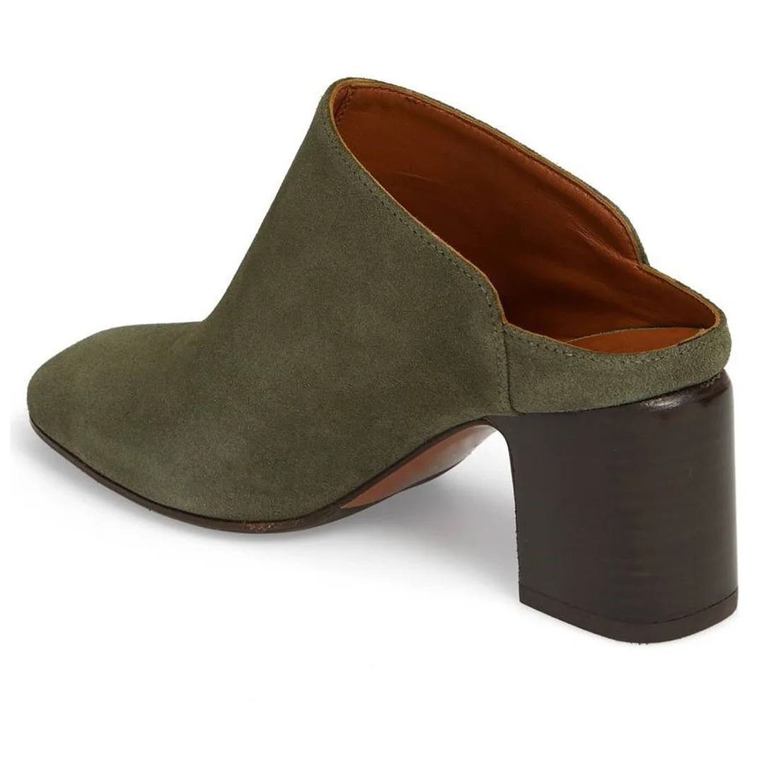 Vegan Suede Slip-On Round Toe Block Heel Mules for Women in Olive