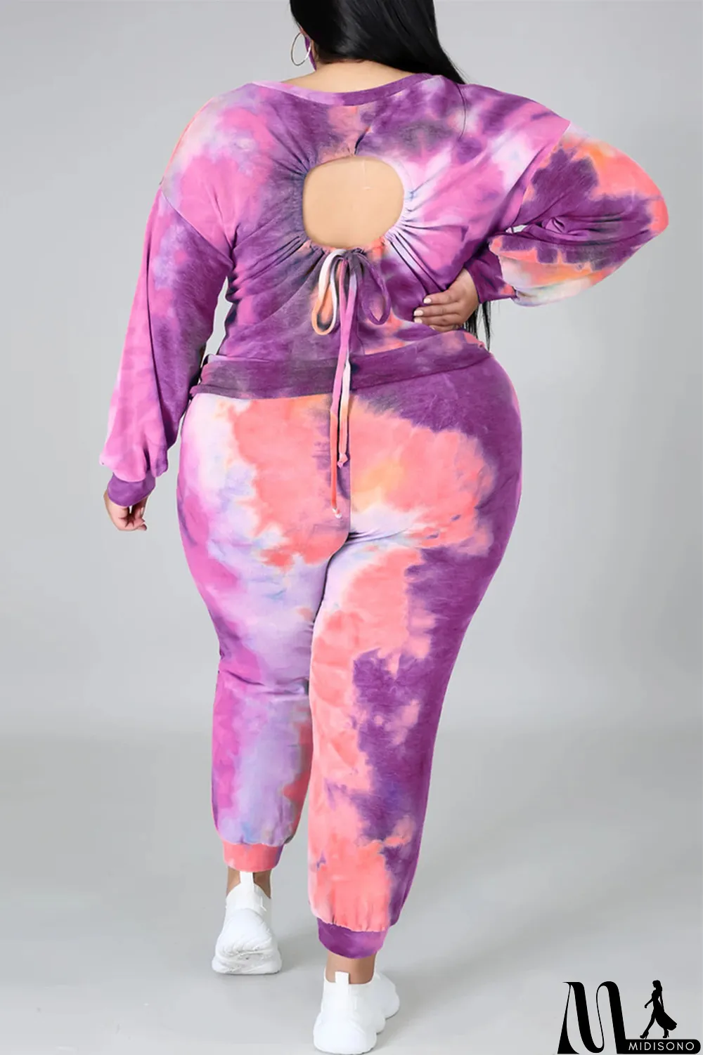 MidiSono - Multicolor Fashion Casual Print Tie Dye Backless O Neck Plus Size Two Pieces