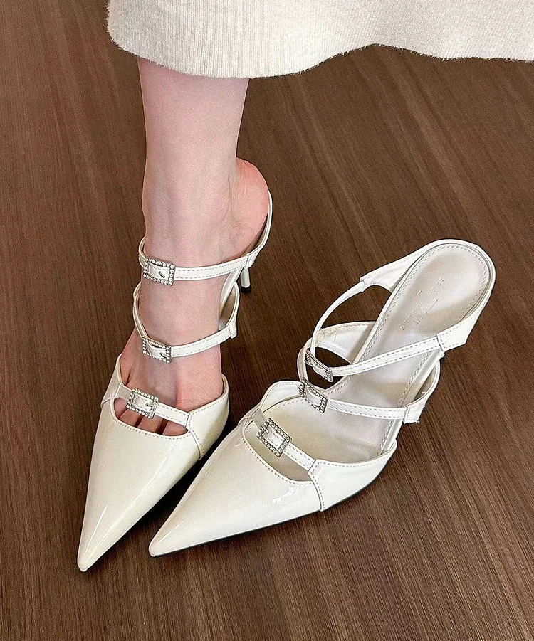 Beige Stiletto Heels Splicing Slide Sandals Hollow Out Pointed Toe