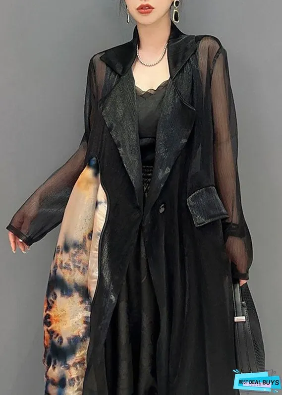 Style Black Notched Patchwork Button Long Tulle Cardigan Fall