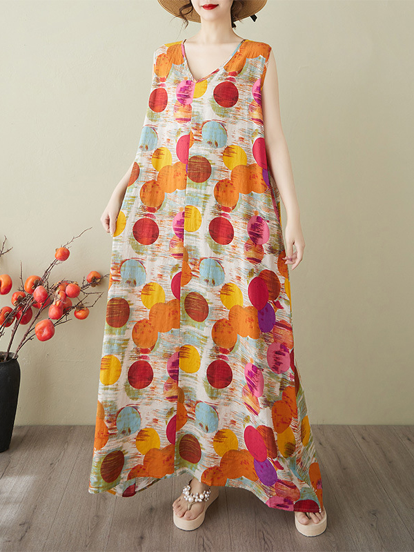 Circle Printed Sleeveless V Neck Maxi Dress