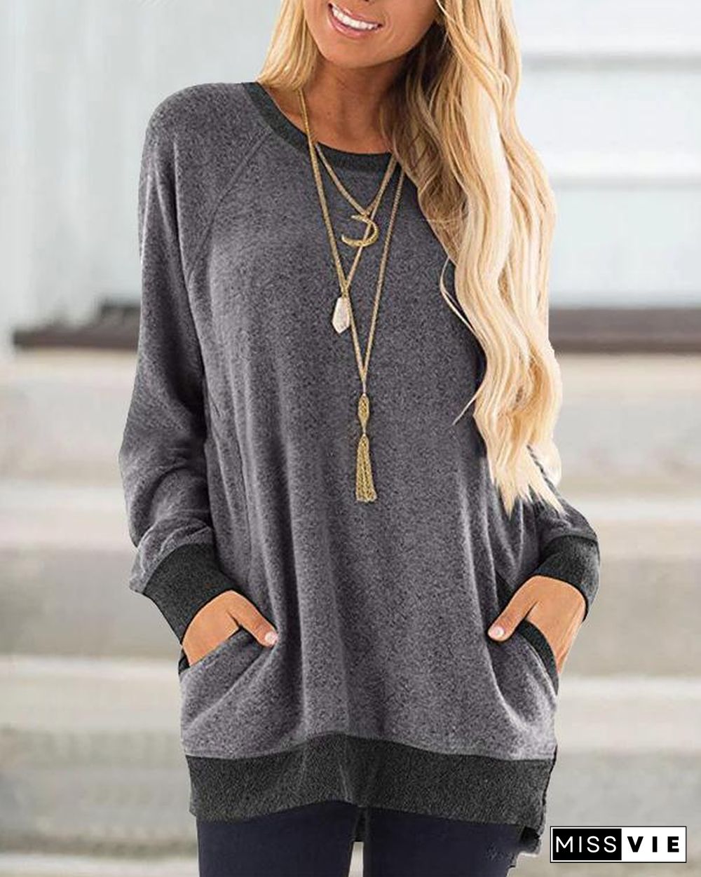 Sweater Pocket Solid  Design Casual Round Neck Shirts & Tops