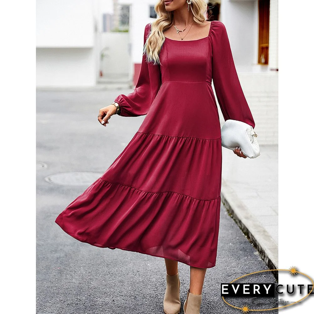 Burgundy Solid Square Neck Pocket Long Sleeve Dress