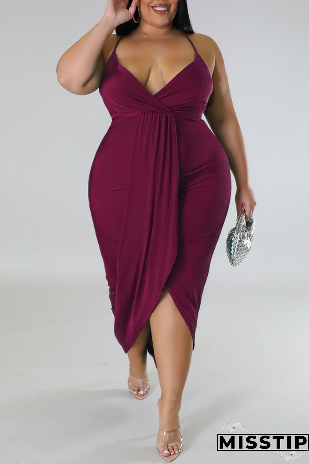 Purple Sexy Solid Patchwork Backless V Neck Sling Dress Plus Size Dresses