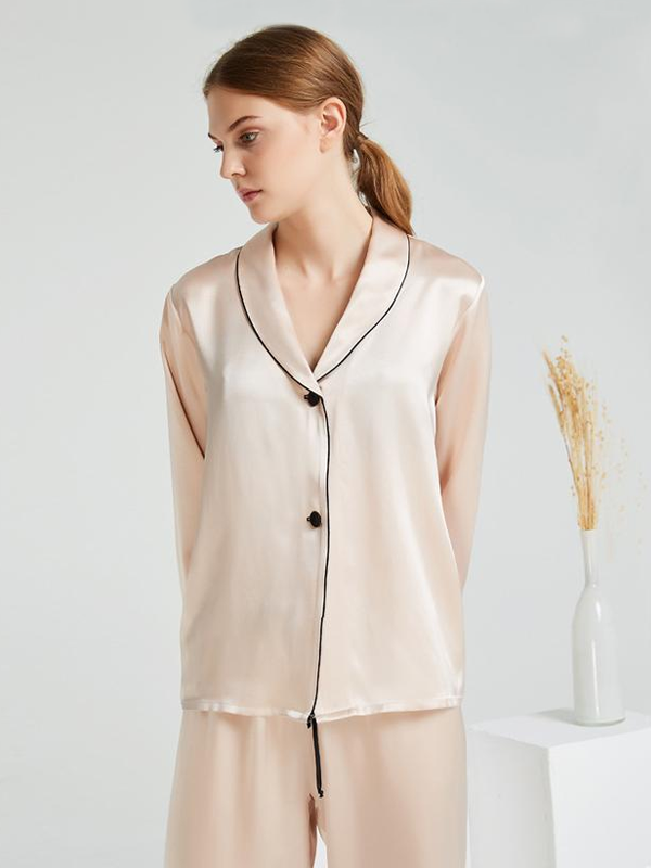 22 Momme Casual Contrast Trim Silk Pajamas Set Abricot