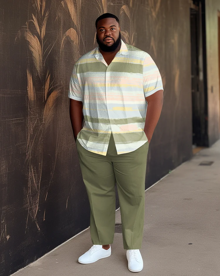 Men's Plus Size Green  Color Matching  Short-Sleeved Walking Suit