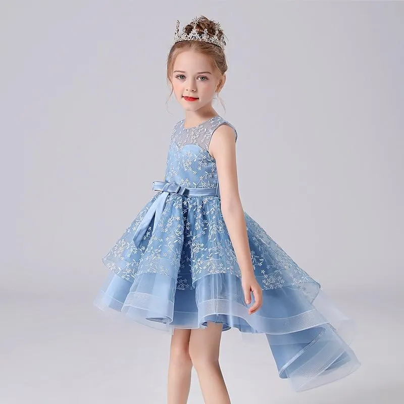 Summer Lace Embroidery Kids Dress For Girls Evening Wedding Party Tail Elegant Princess Sleeveless Children Holiday Dresses