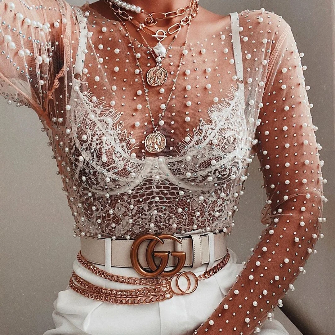 Jangj See Through Mesh Women Outfits Party Club Crop Top Shirts And Mini Skirts Two Piece Set Sexy Beach 2022 Summer Pearls