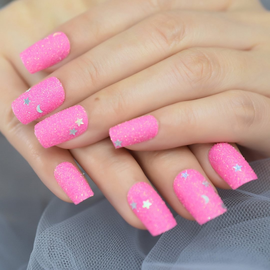 Stars Pink Lovely Nails Short Square Glitter Matte Gels Flase FIngernails Supplies For Professionals Wholesale EchiQ Nails 24Pcs