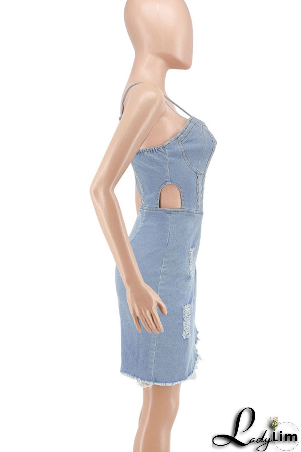 Light Blue Sexy Solid Rivets Patchwork Asymmetrical Spaghetti Strap Sleeveless Regular Denim Dresses