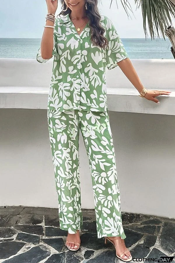 Fun Printed Button Pocket Long Sleeve Shirt and Elastic Waist Pants Set