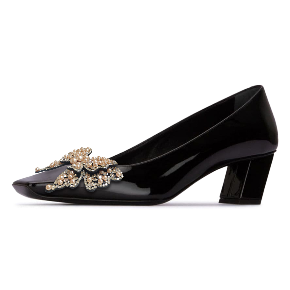 Square Toe Pearl Rhinestone Butterfly Patent Black Pumps for Women Nicepairs