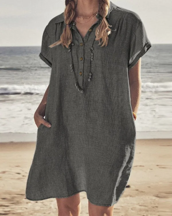 Casual Solid Lapel Pocket Linen Beach Short Dress-ttstudio