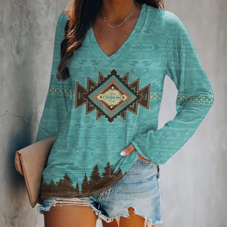 Vefave Western Print Long Sleeve Casual T-Shirt