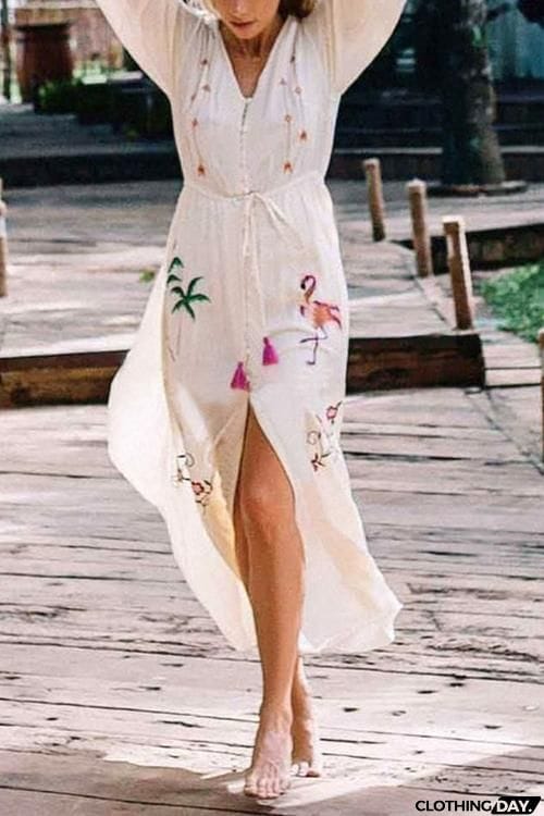 Embroidery Button Long Cardigan