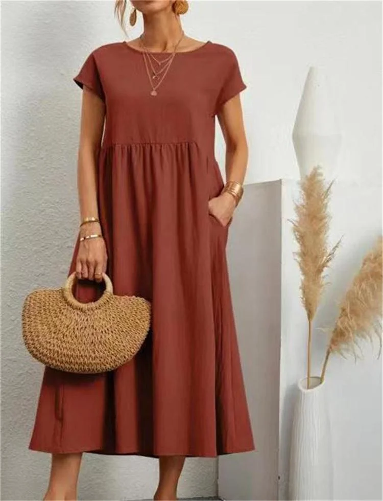 Solid Color Sleeveless Loose Cotton and linen Pocket Dress