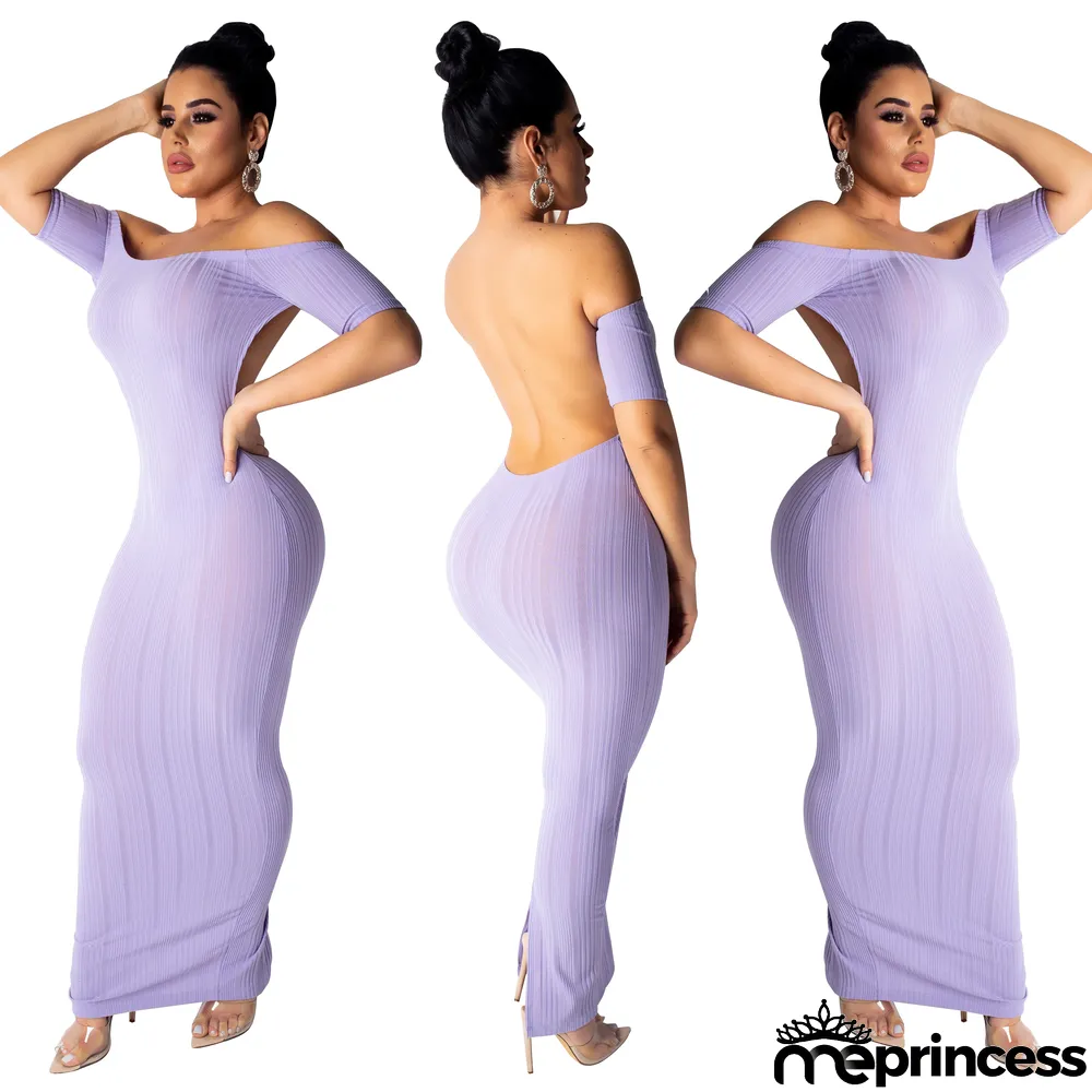 Short Sleeve Backless Off Shoulder Long Party Dress